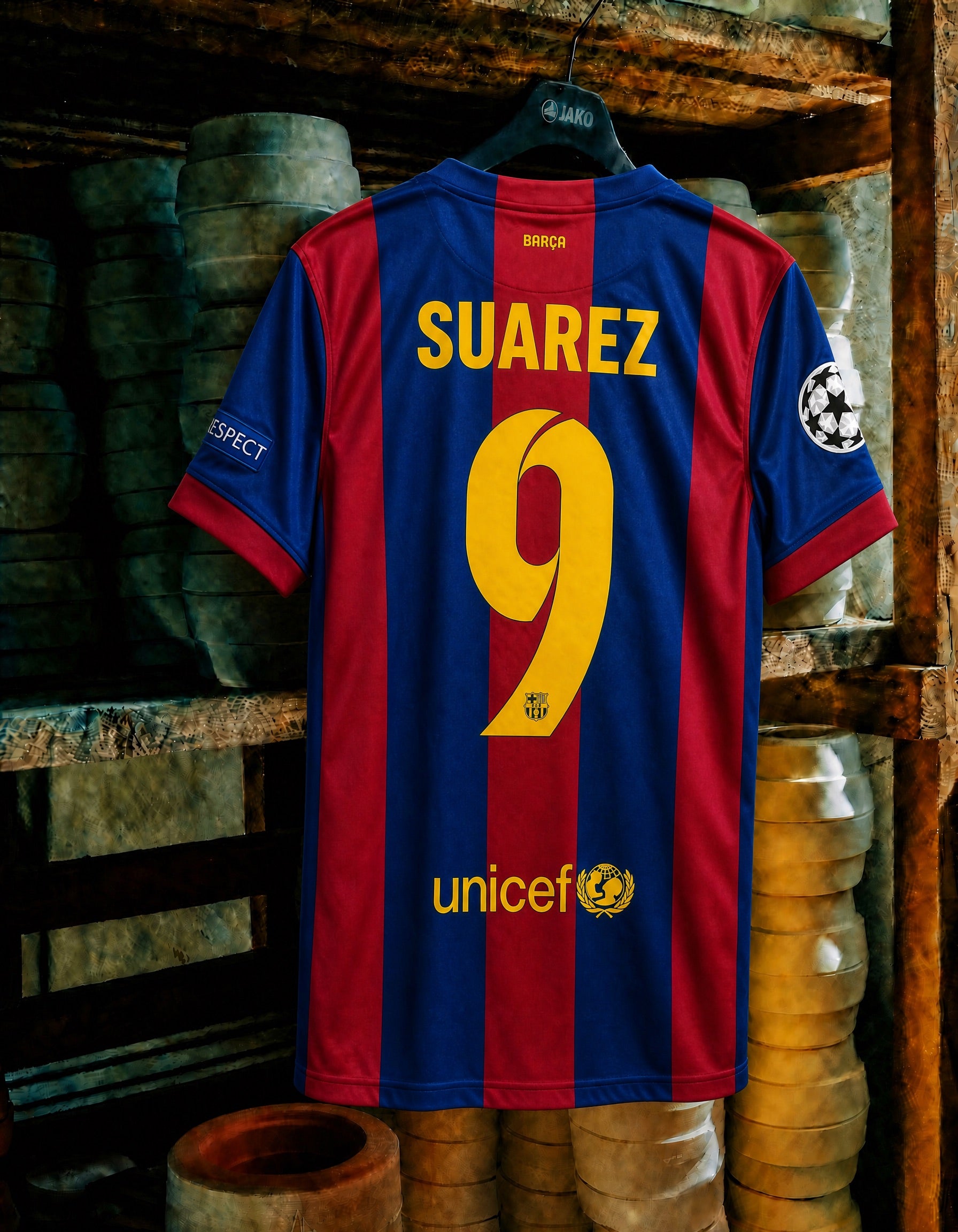 Maglia storica Barcellona finale Champions 2014/15 appesa dettaglio numero 9