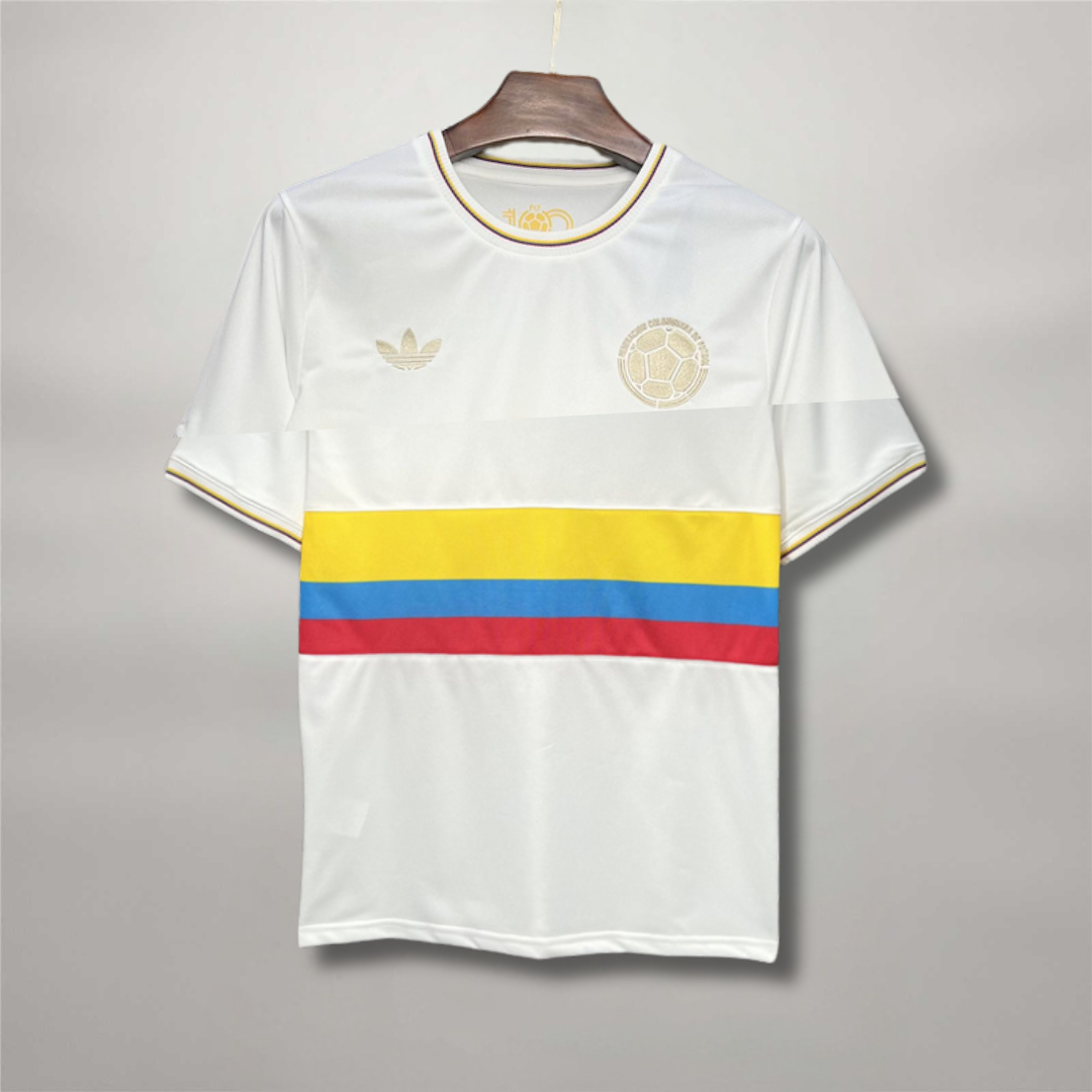 Maglia Colombia 100 anni home bianca fascia giallo blu rosso vista frontale