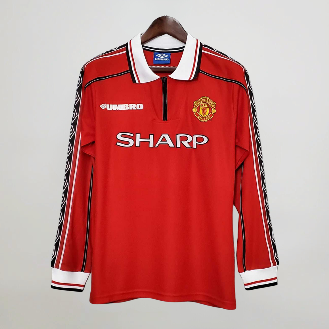 Maglia Manchester United 1998/99 home manica lunga rossa sponsor Sharp vista frontale