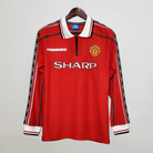 Maglia Manchester United 1998/99 home manica lunga rossa sponsor Sharp vista frontale