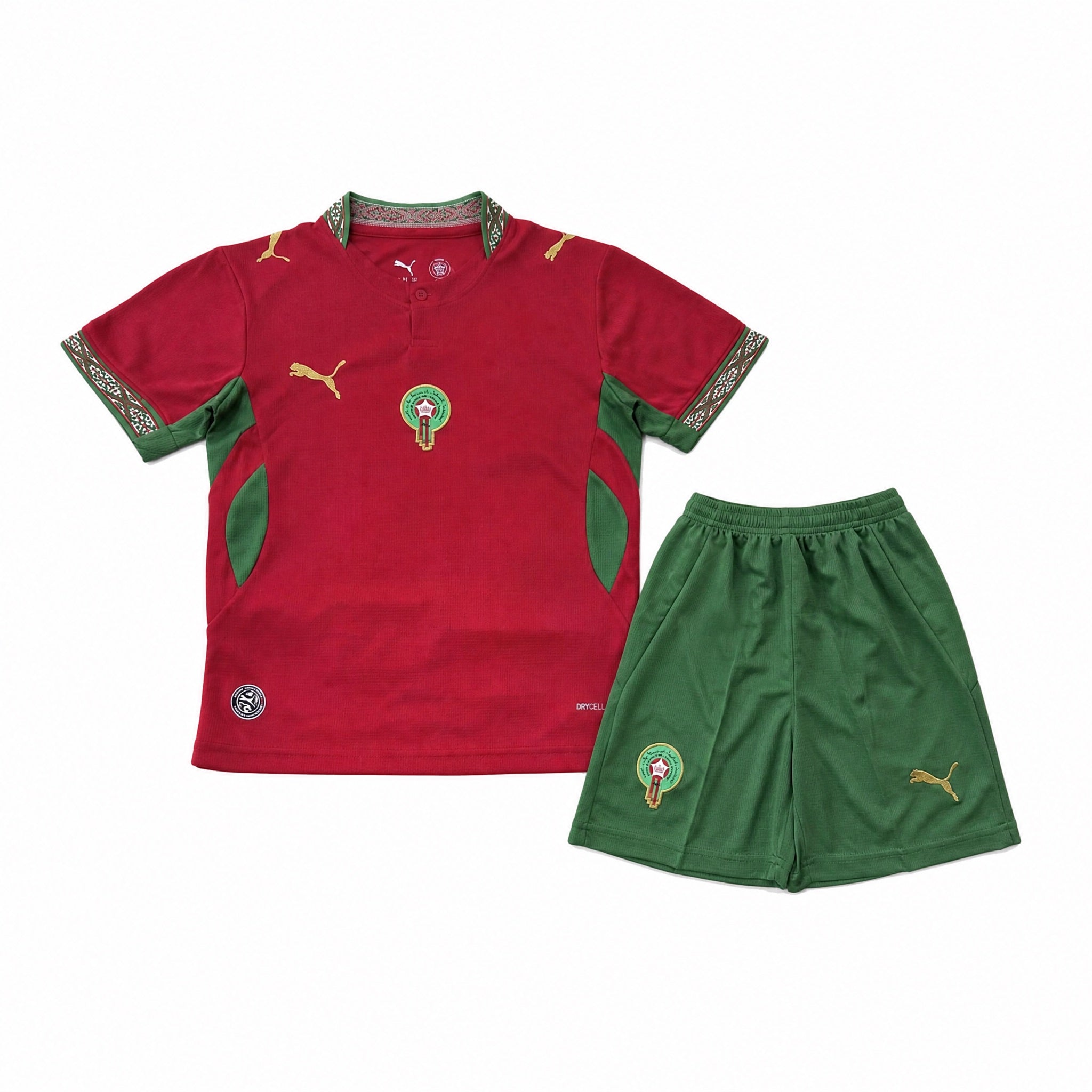 Marocco Completo Home 2026 World Cup Bambino con maglia rossa e pantaloncini verdi vista posteriore.