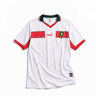 Marocco Maglia Away 1998 World Cup bianca con dettagli rossi e verdi vista frontale.