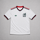 Maglia away Messico Coppa del Mondo 2026 — vista frontale, colore bianco con colletto a V in verde e rosso, stemma nazionale sul petto sinistro

