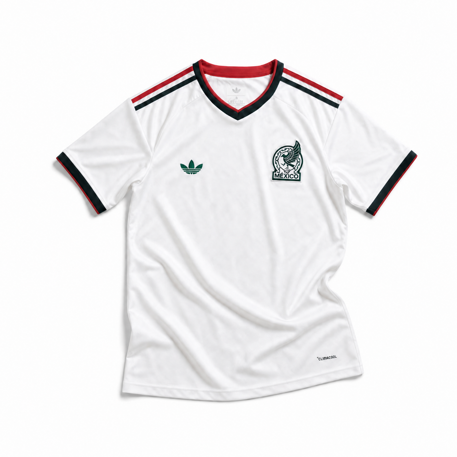 Maglia away Messico Coppa del Mondo 2026 — vista frontale, colore bianco con colletto a V in verde e rosso, stemma nazionale sul petto sinistro