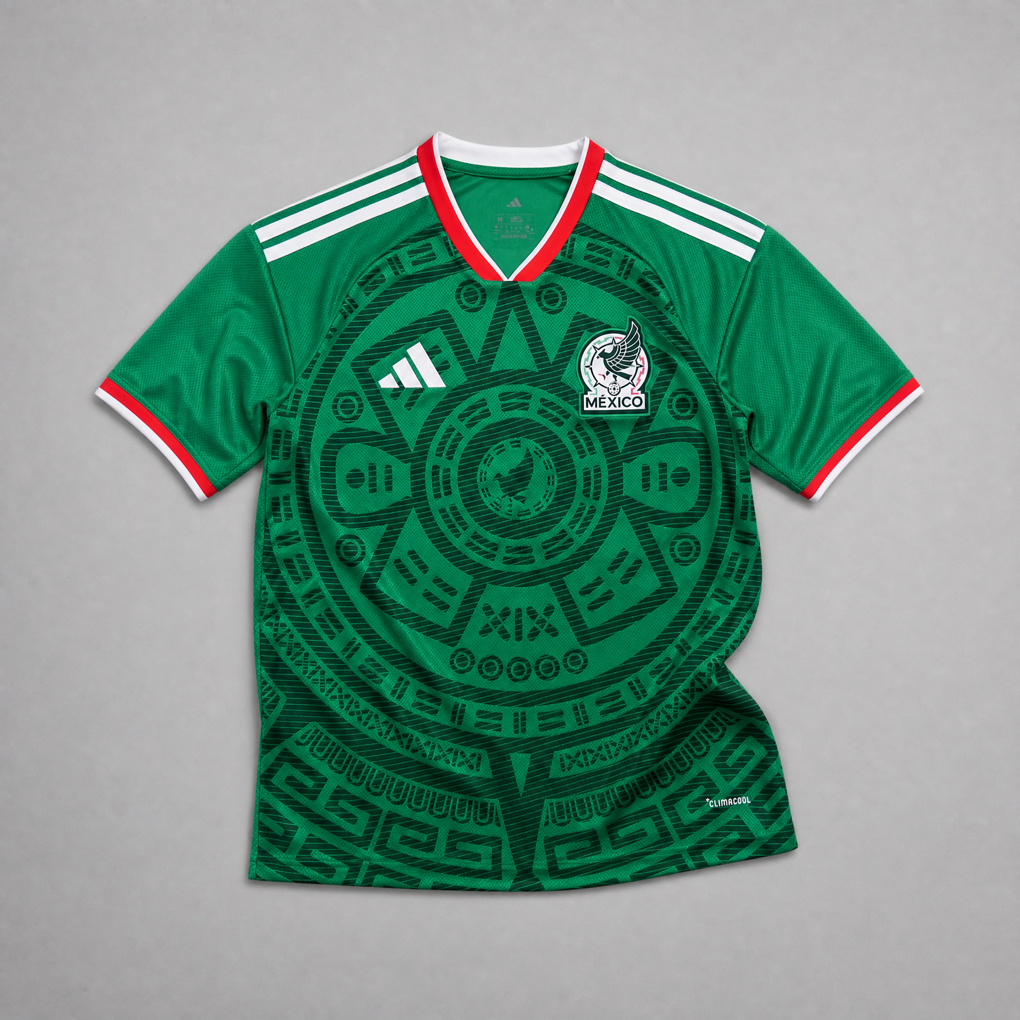 Mexico Maglia Home 2026 World Cup vista frontale verde con grafica circolare ispirata alla tradizione messicana