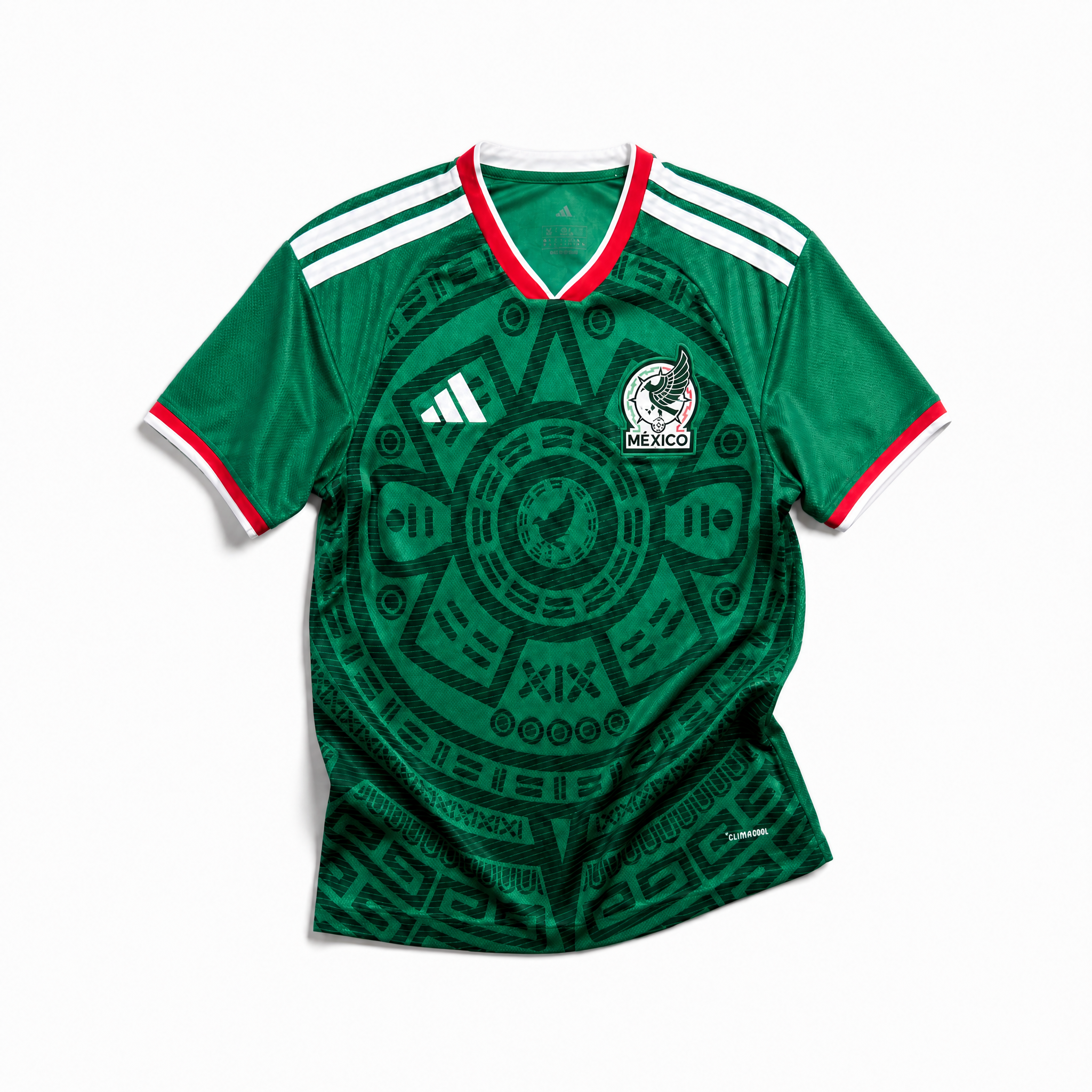 Mexico Maglia Home 2026 World Cup vista frontale verde con grafica circolare ispirata alla tradizione messicana