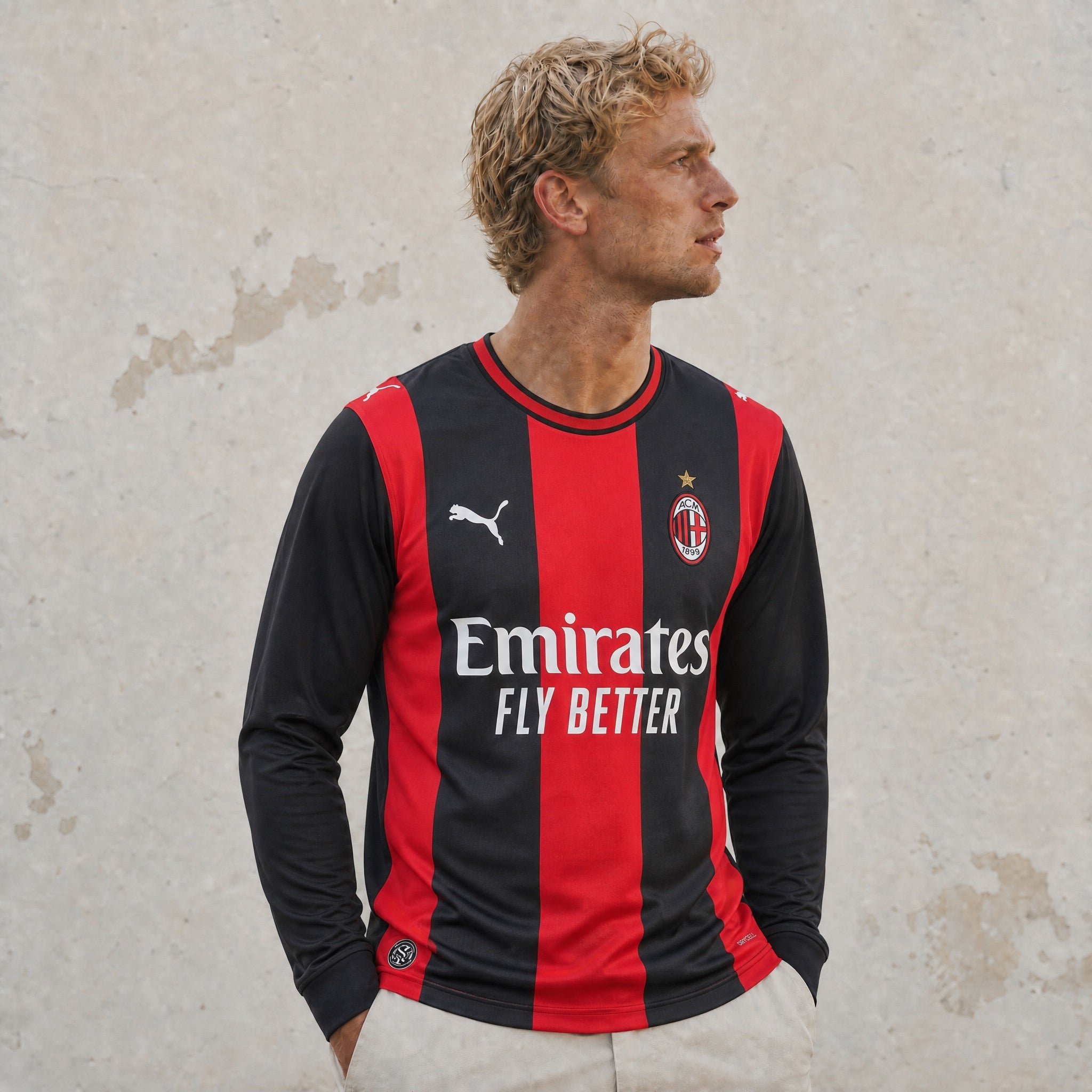 Maglia home manica lunga Milan 2026/27 vista frontale strisce rosso-nere