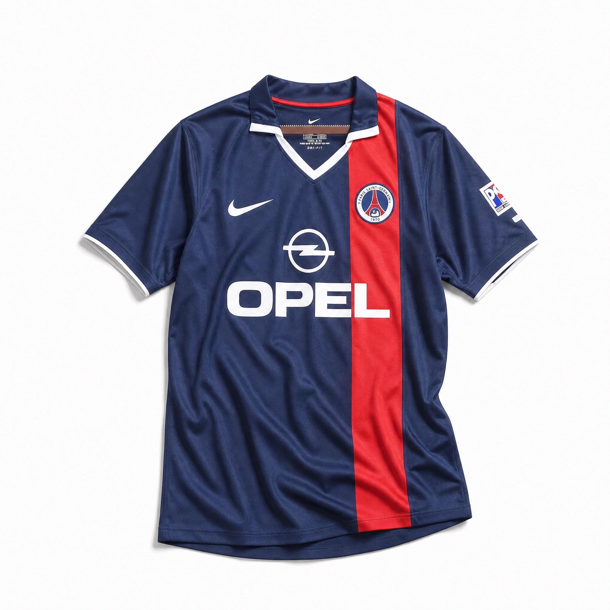Maglia PSG home 2001/02 fronte blu con banda rossa sponsor Opel
