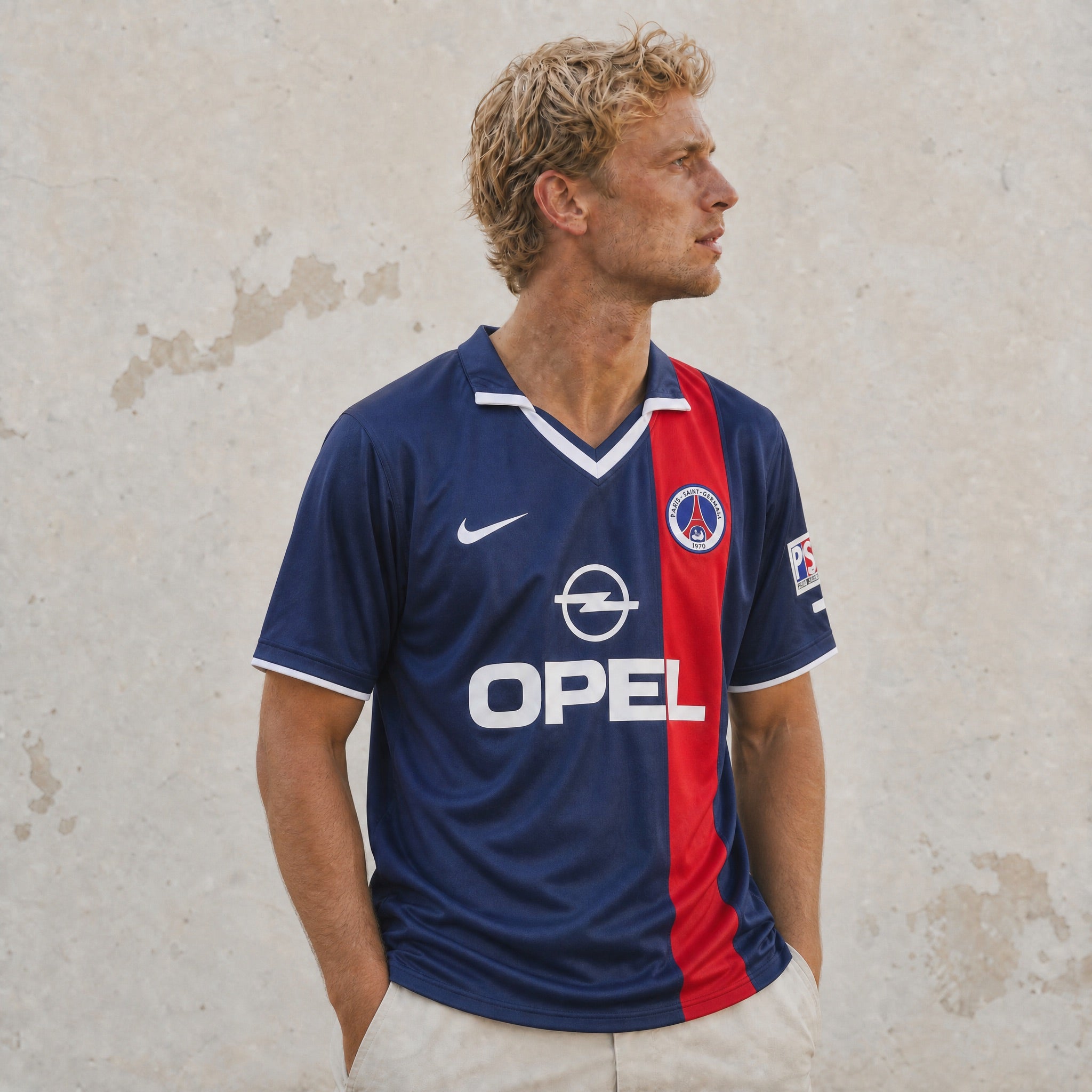 Maglia PSG home 2001/02 fronte blu con banda rossa sponsor Opel