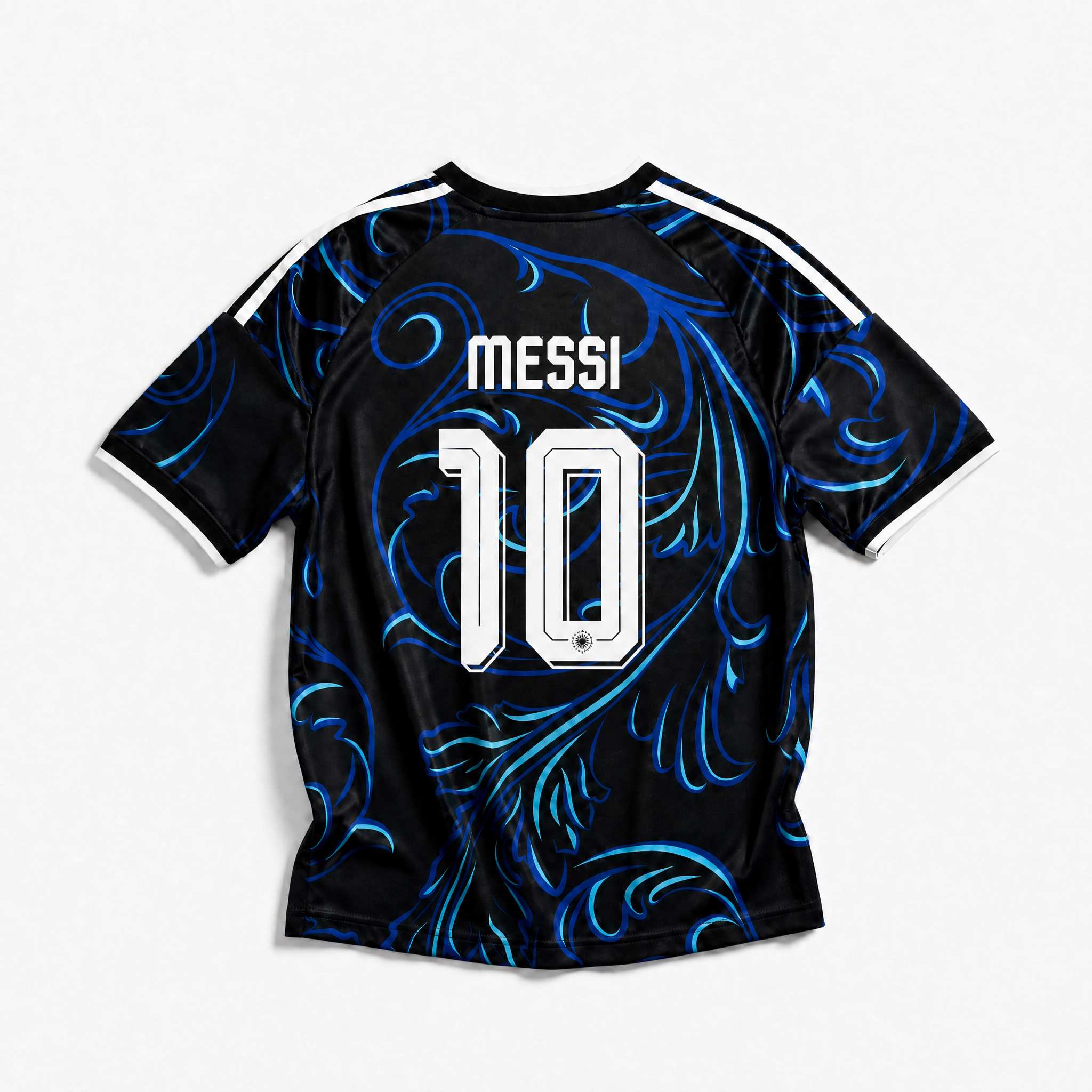 Retro della maglia blu da trasferta Argentina 2026 con nome Messi e numero 10 stampati in bianco.
