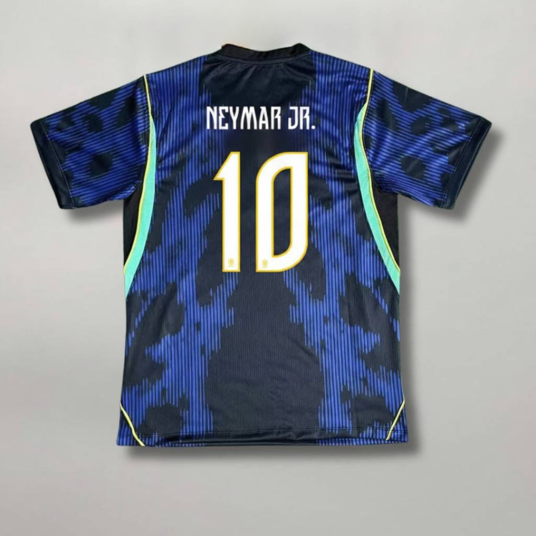 Retro della maglia da calcio blu Brasile 2026 con nome Neymar Jr e numero 10 in giallo vibrante.