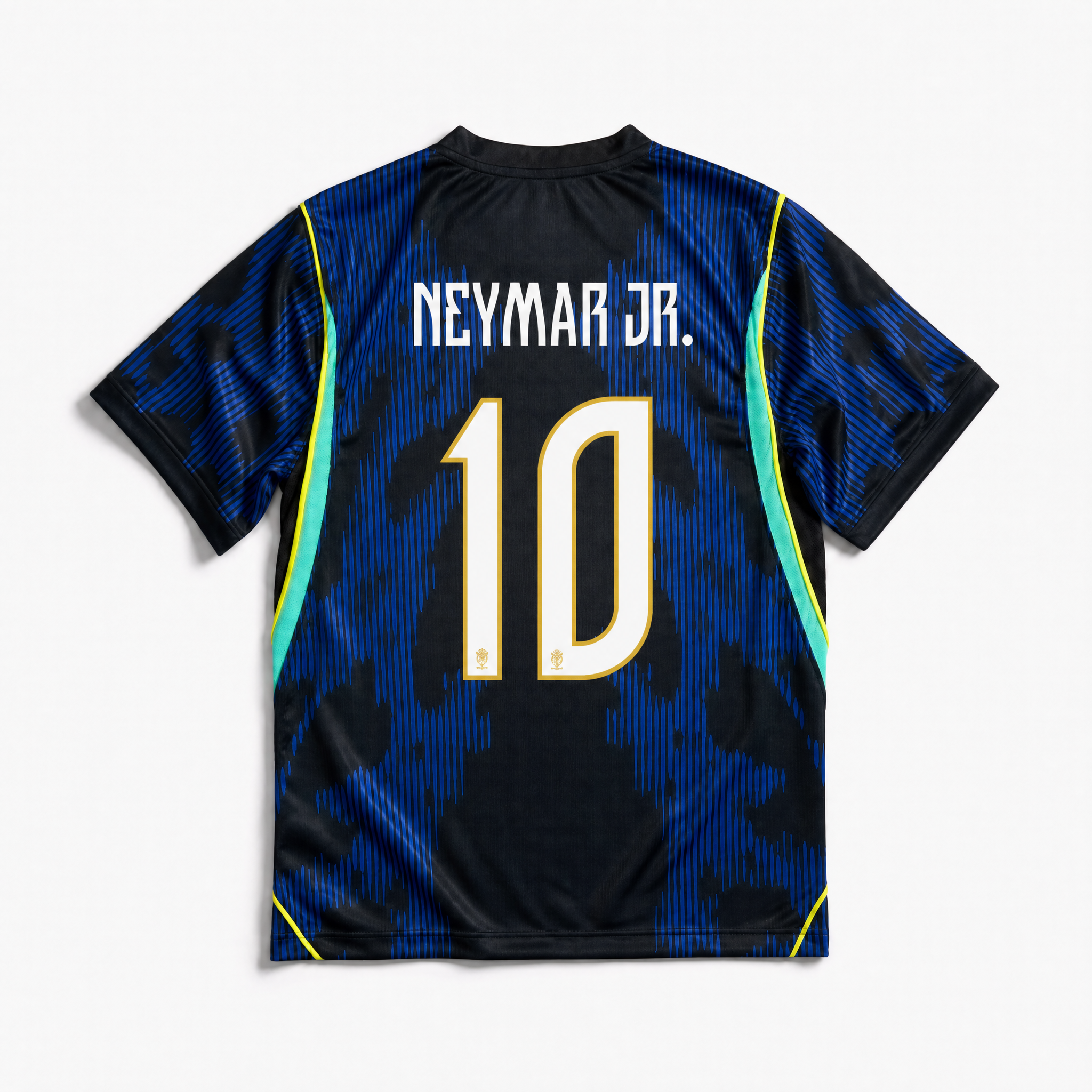 Retro della maglia da calcio blu Brasile 2026 con nome Neymar Jr e numero 10 in giallo vibrante.