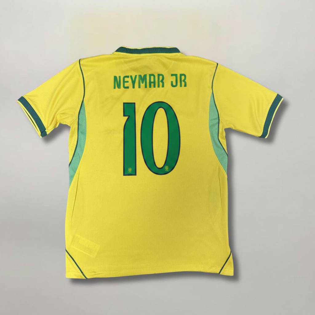 Retro della maglia gialla del Brasile 2026 con nome Neymar Jr e numero 10 verde.