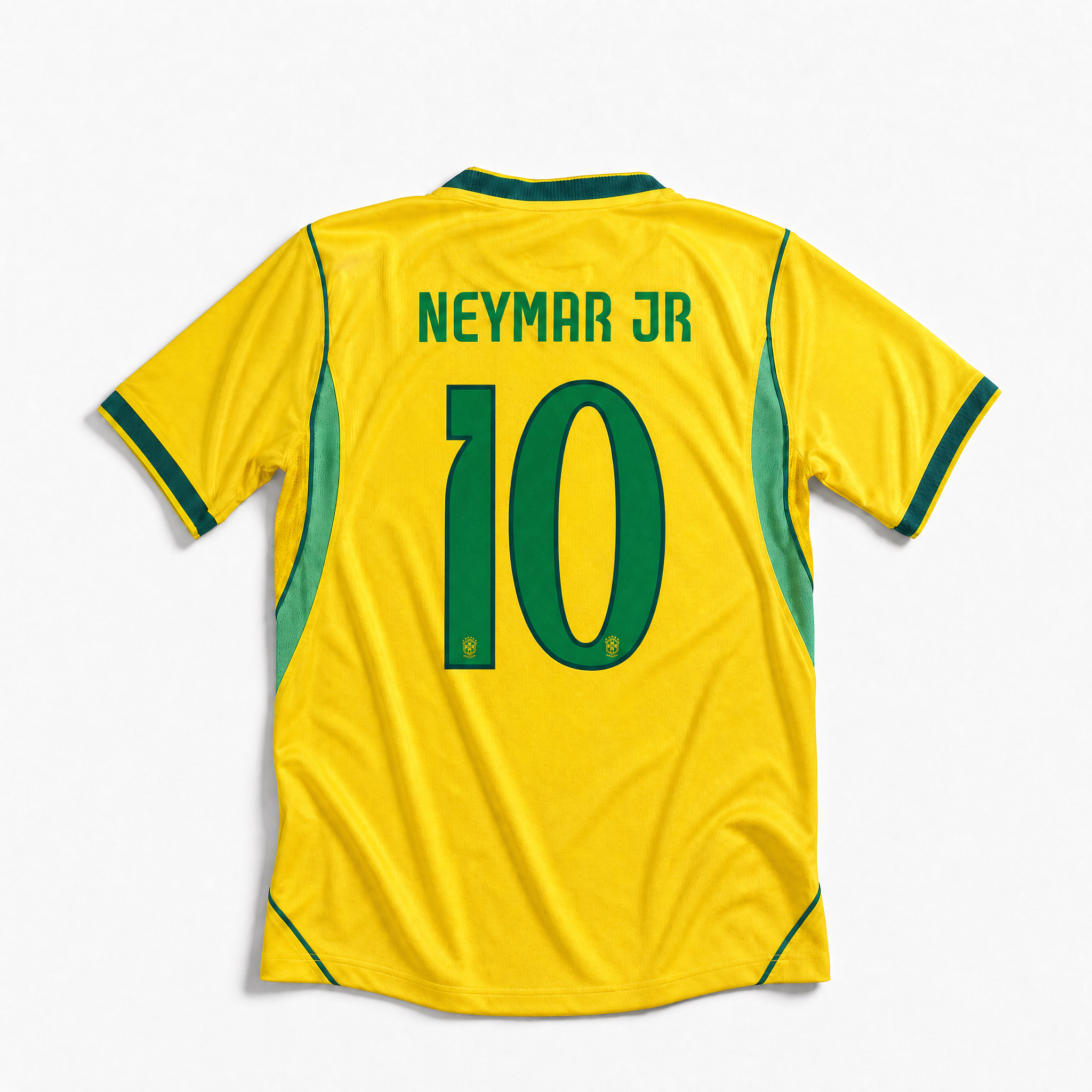 Retro della maglia gialla del Brasile 2026 con nome Neymar Jr e numero 10 verde.
