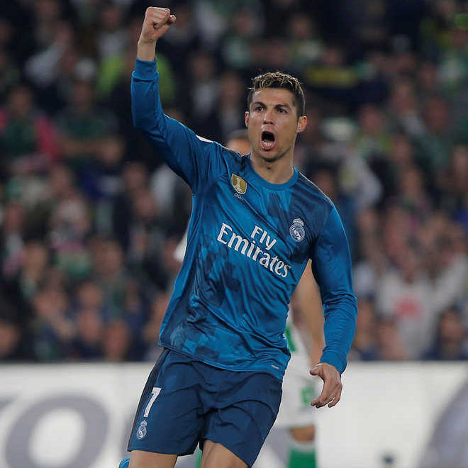 Ronaldo che esulta indossando il kit third turchese del Real Madrid durante la stagione 2017/18.