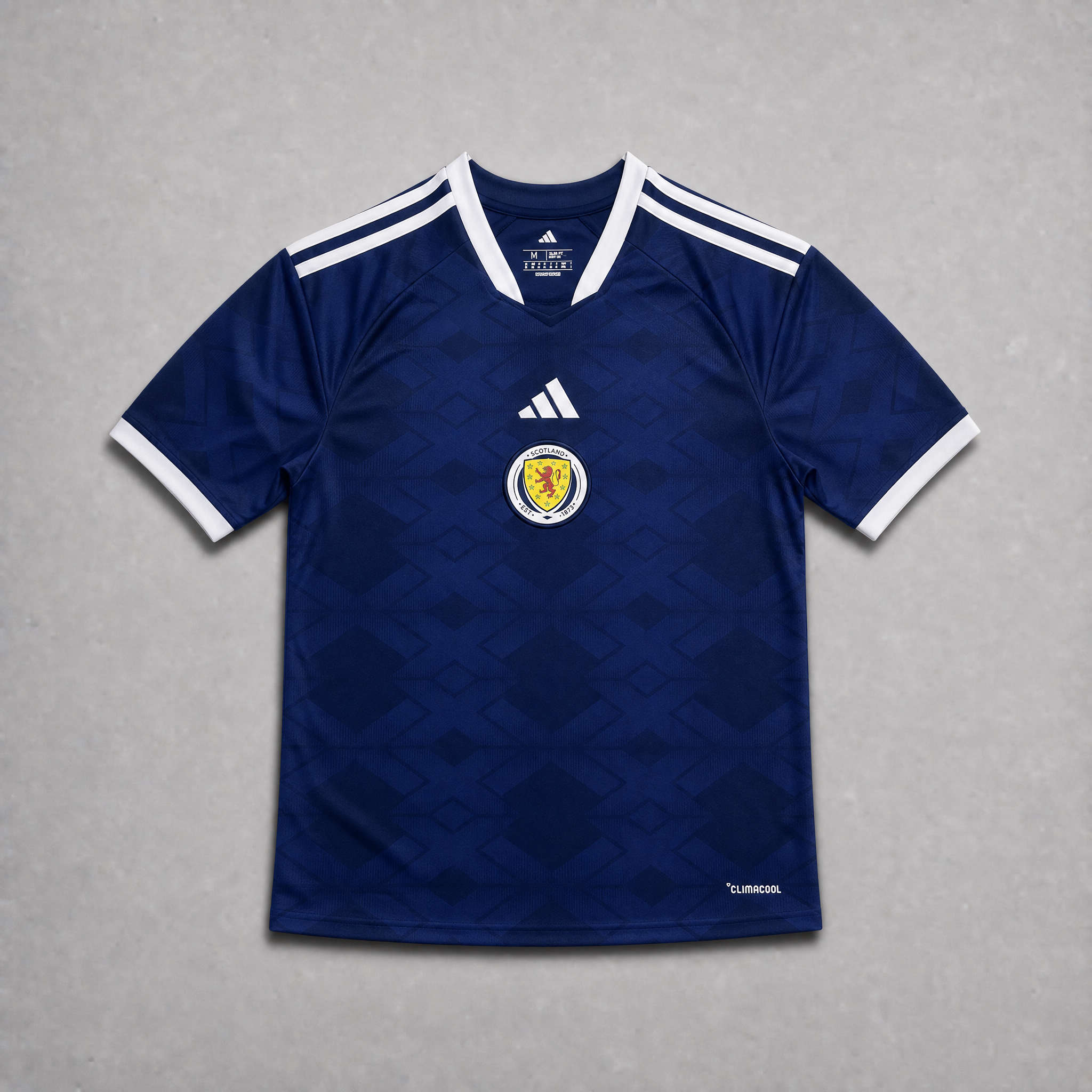Maglia home Scozia Coppa del Mondo 2026 — vista frontale su superficie grigia, tessuto blu navy con colletto a V con bordino bianco, stemma della federazione scozzese sul petto sinistro, maniche con profili bianchi
