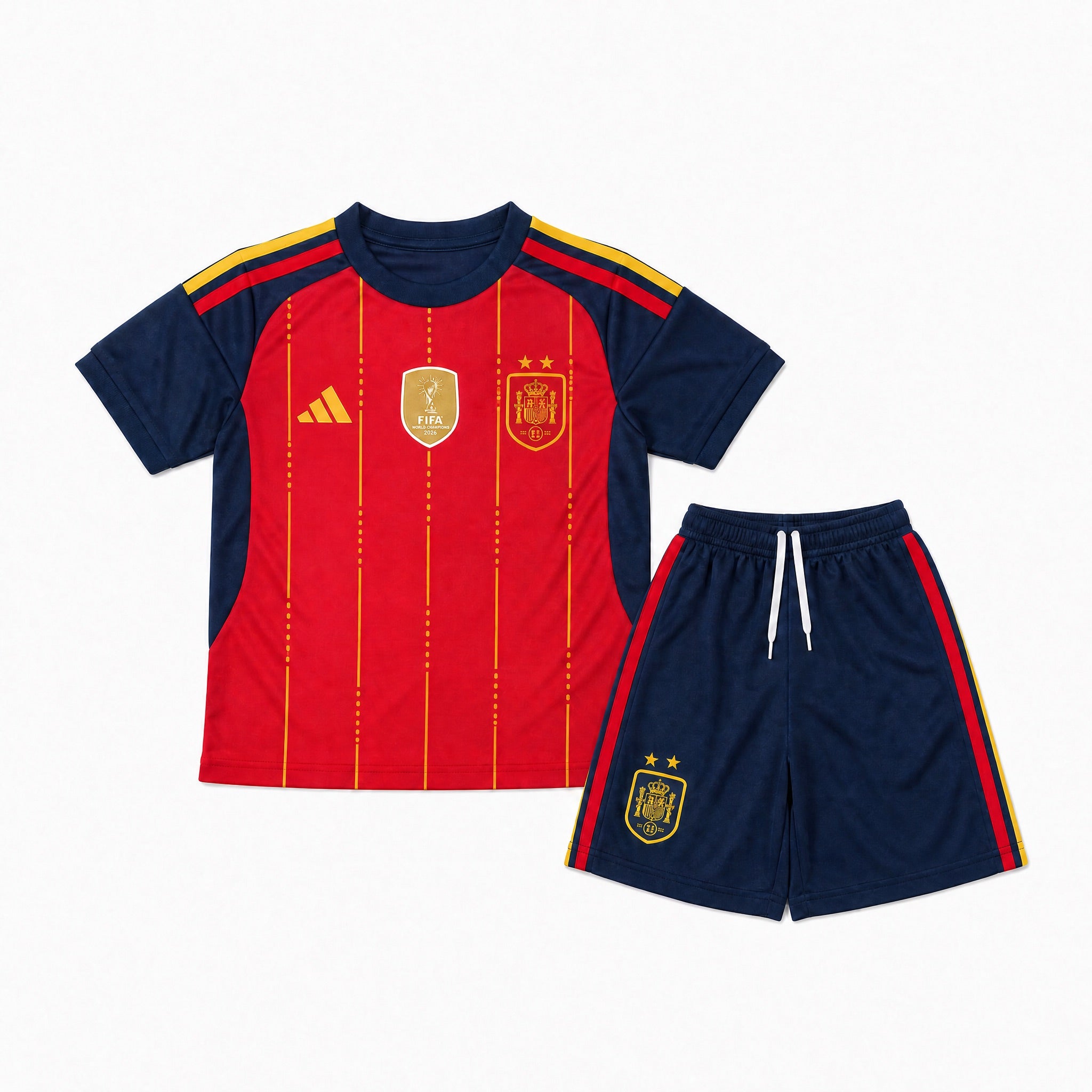 Completo Home Bambino Spagna Mondiali 2026 con maglia rossa e pantaloncini blu vista frontale.