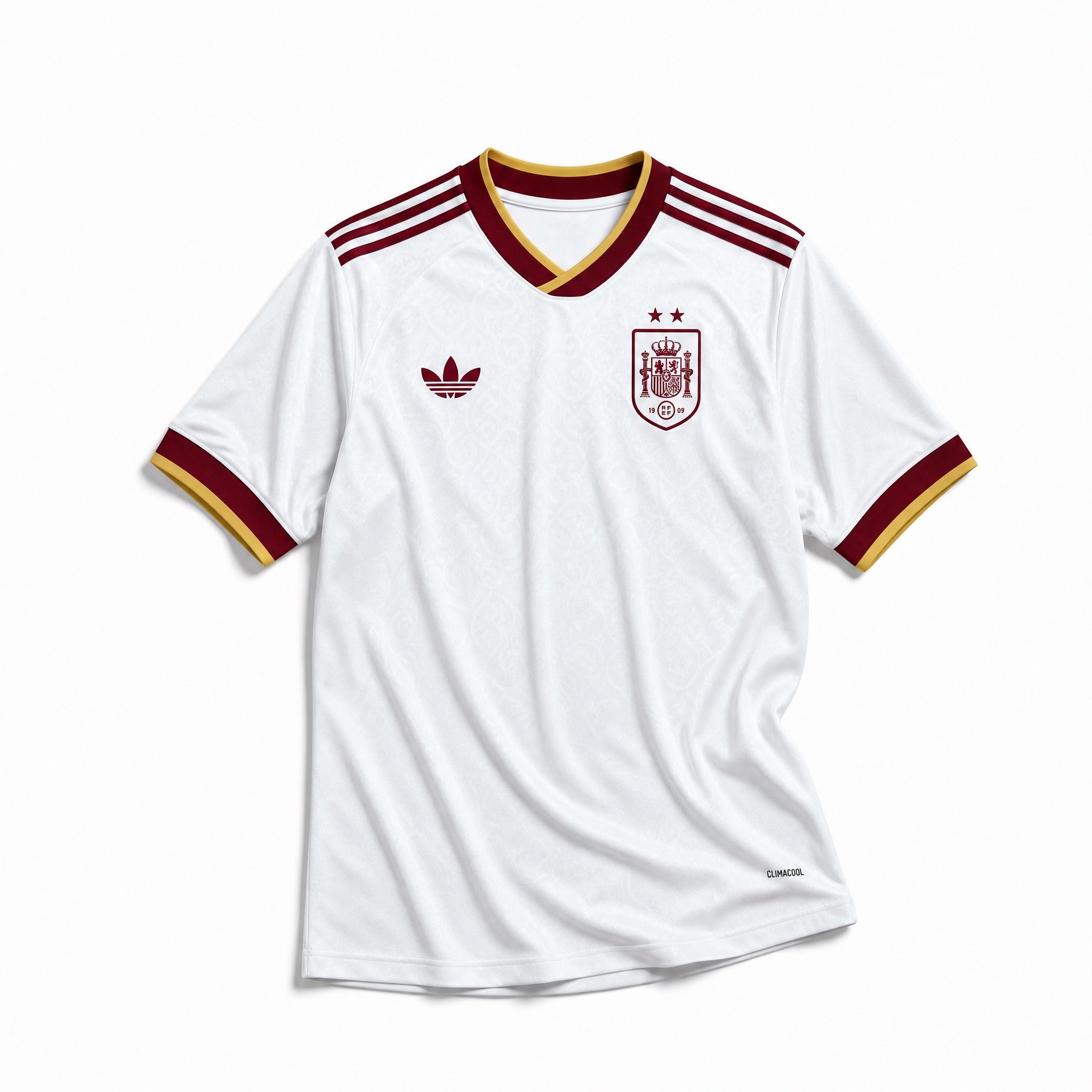 Maglia Away Spagna Vittoria Mondiali 2026 vista frontale bianca con dettagli rossi e oro.