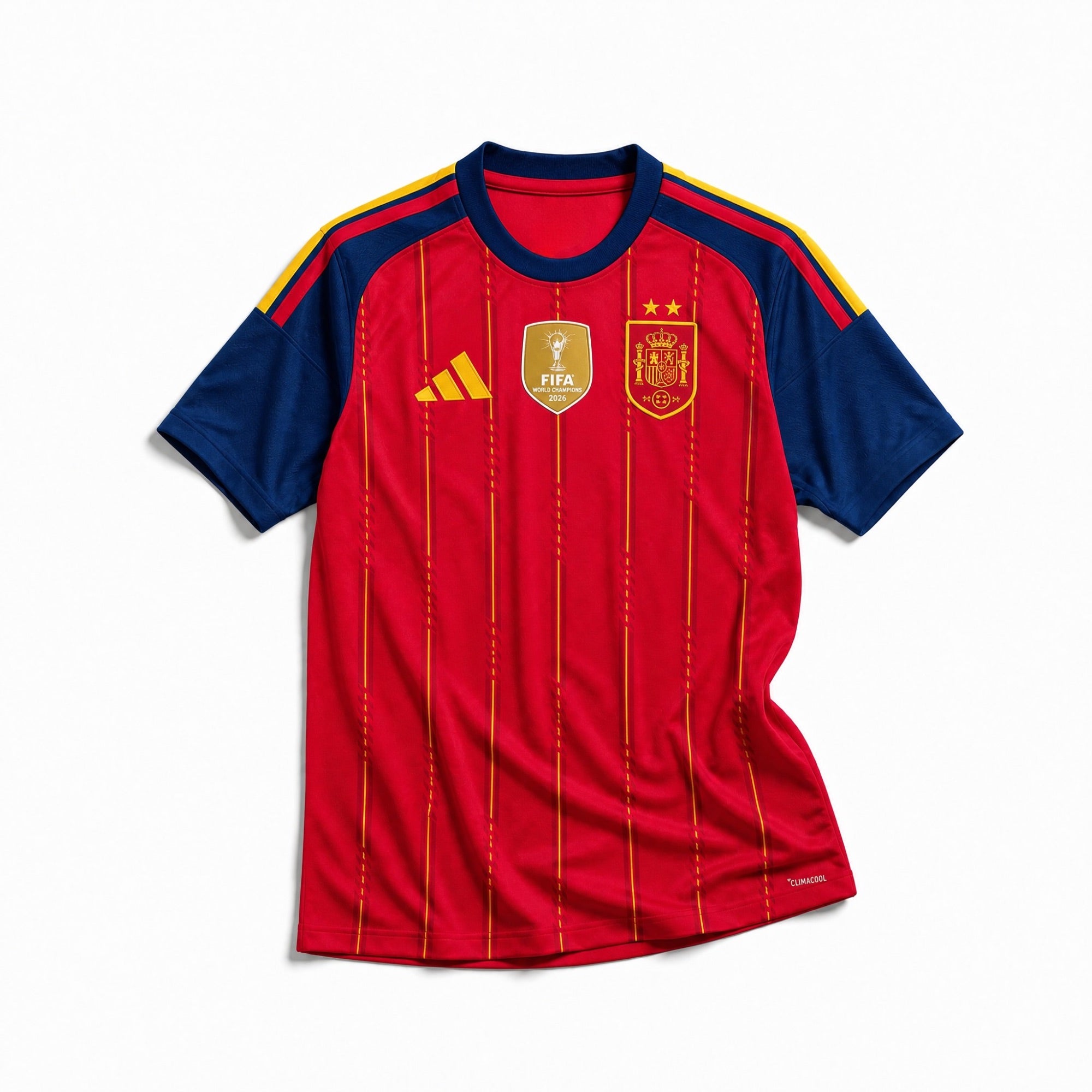 Maglia Home Spagna Vittoria Mondiali 2026 vista frontale con righe verticali rosse e dettagli blu.