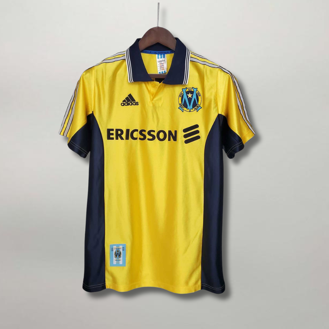 Vista frontale maglia Olympique Marsiglia 1998/99 away con colletto polo bianco