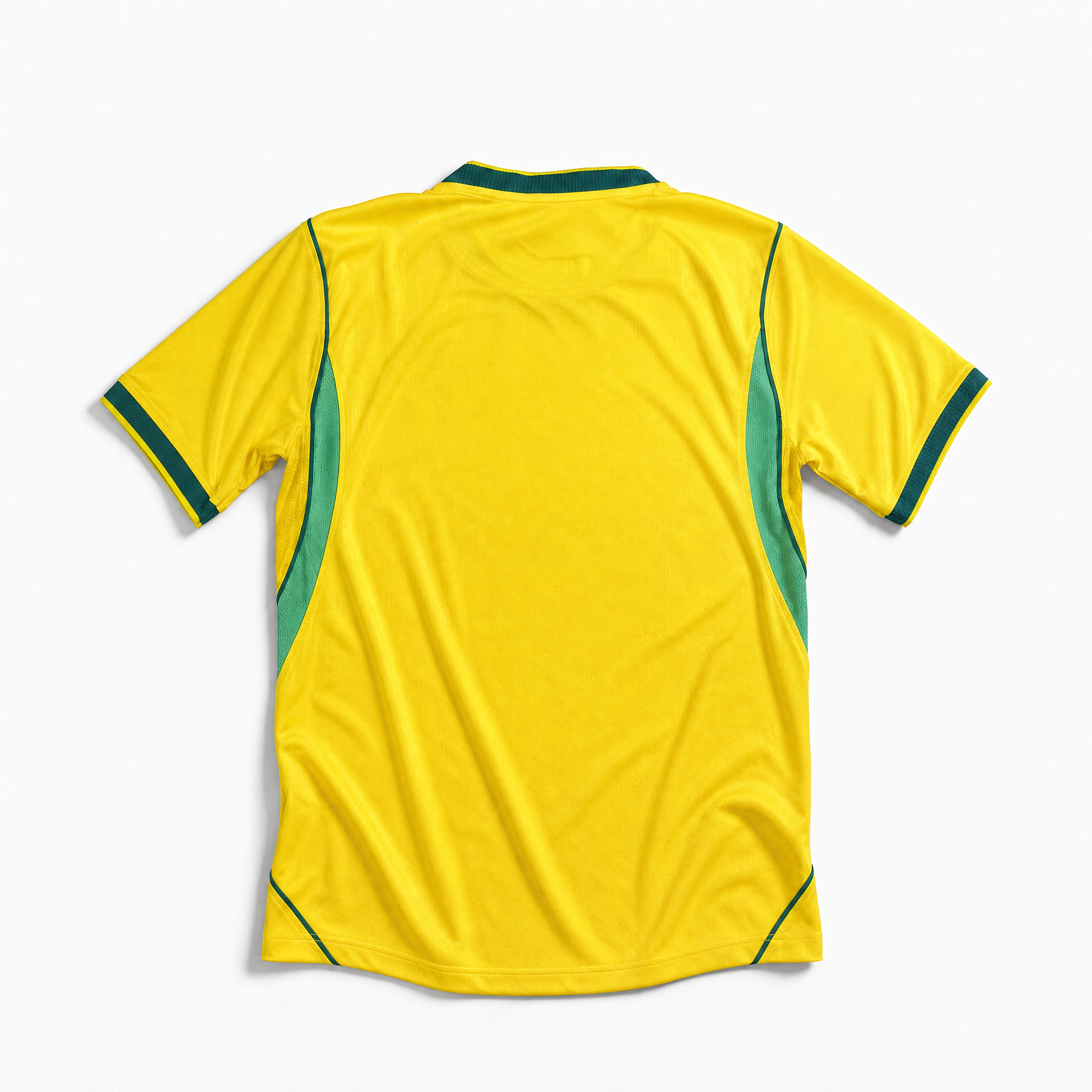 Vista posteriore della maglia gialla della nazionale brasiliana 2026 con rifiniture laterali verdi

