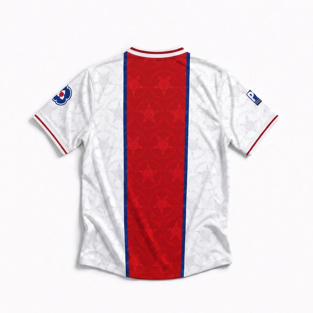Vista posteriore della seconda divisa del Paris Saint-Germain 1995/96 con fascia verticale rossa sul retro