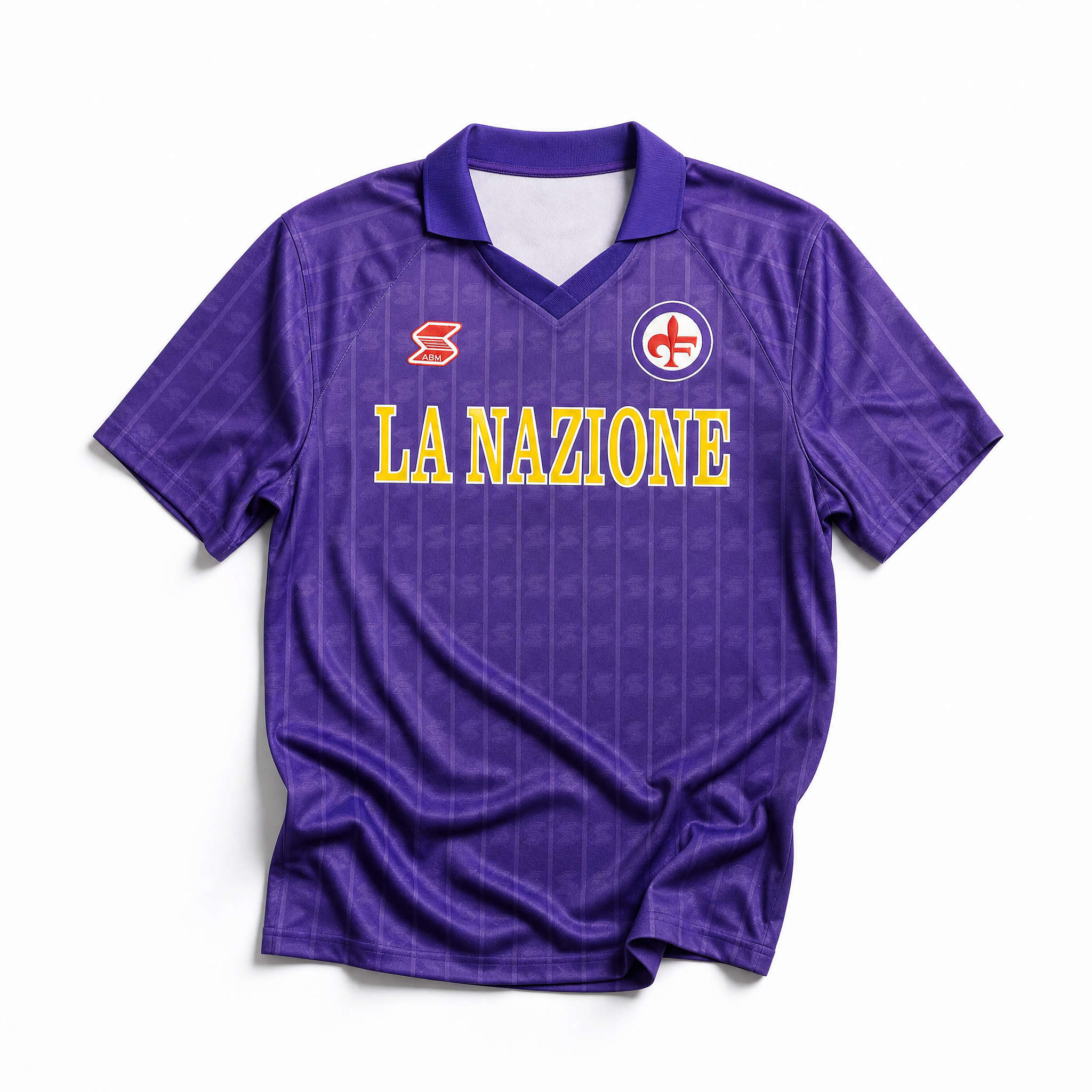 Fronte maglia home Fiorentina 1989/90 con stemma circolare e colletto a polo.