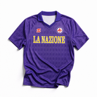 Fronte maglia home Fiorentina 1989/90 con stemma circolare e colletto a polo.