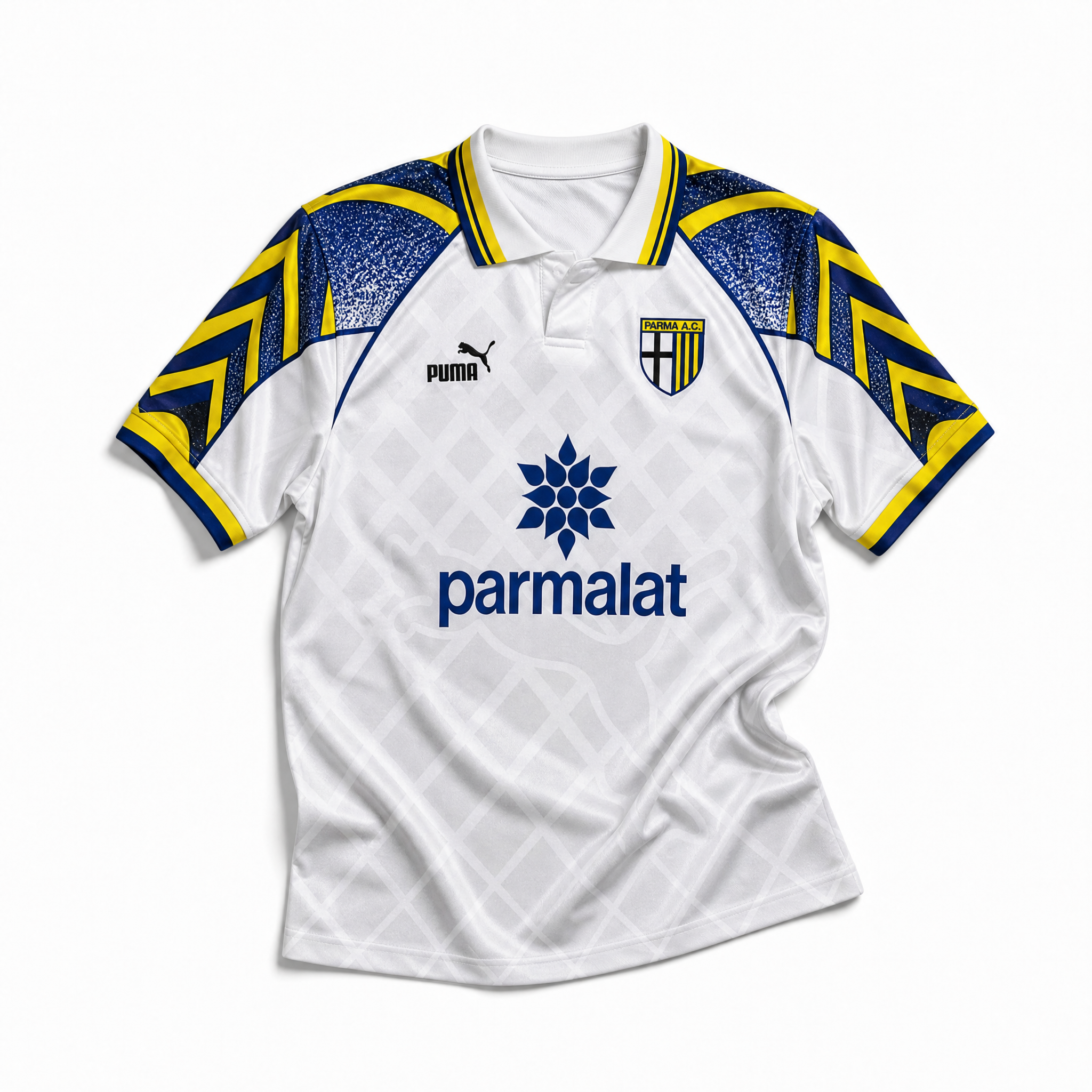 Vista frontale maglia Parma 1995/96 away con pattern geometrico anni 90