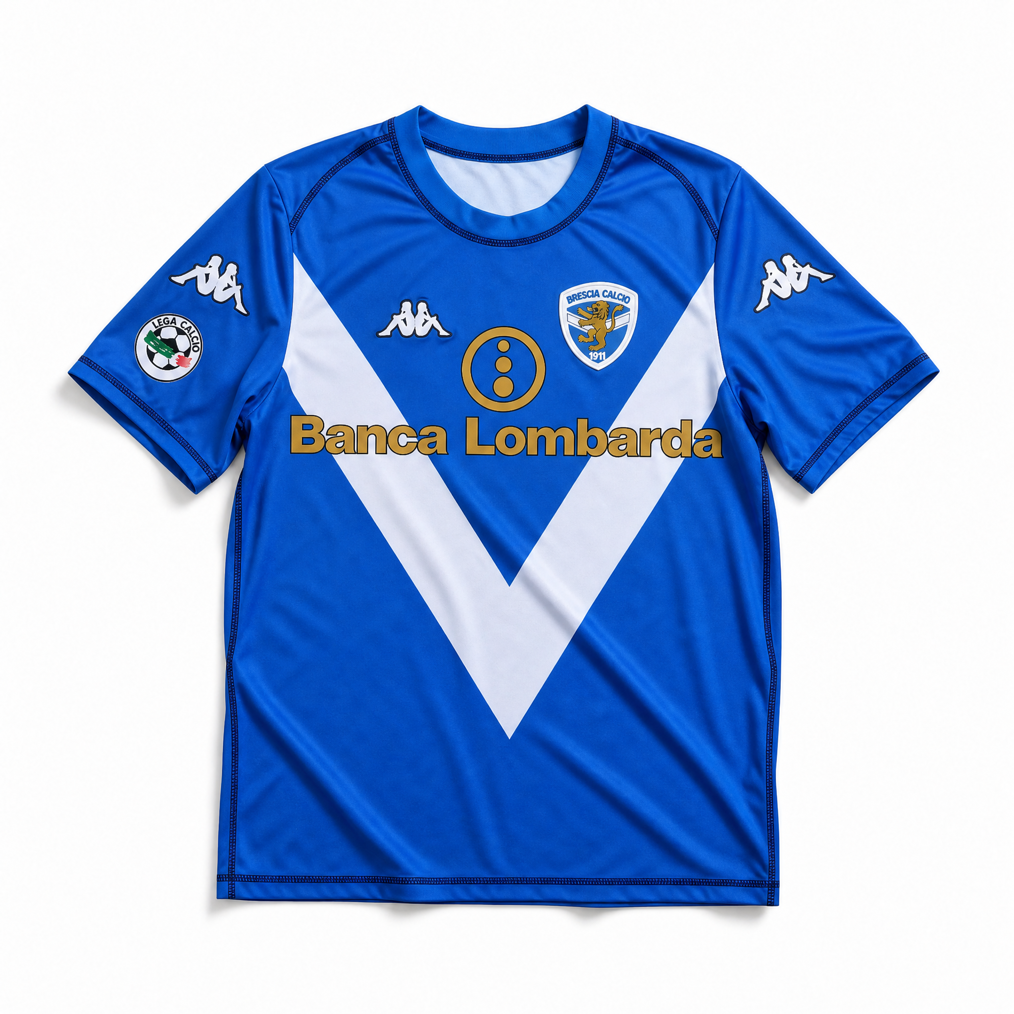 Fronte kit home Brescia 2003/04 con iconica V bianca e stemma del club.