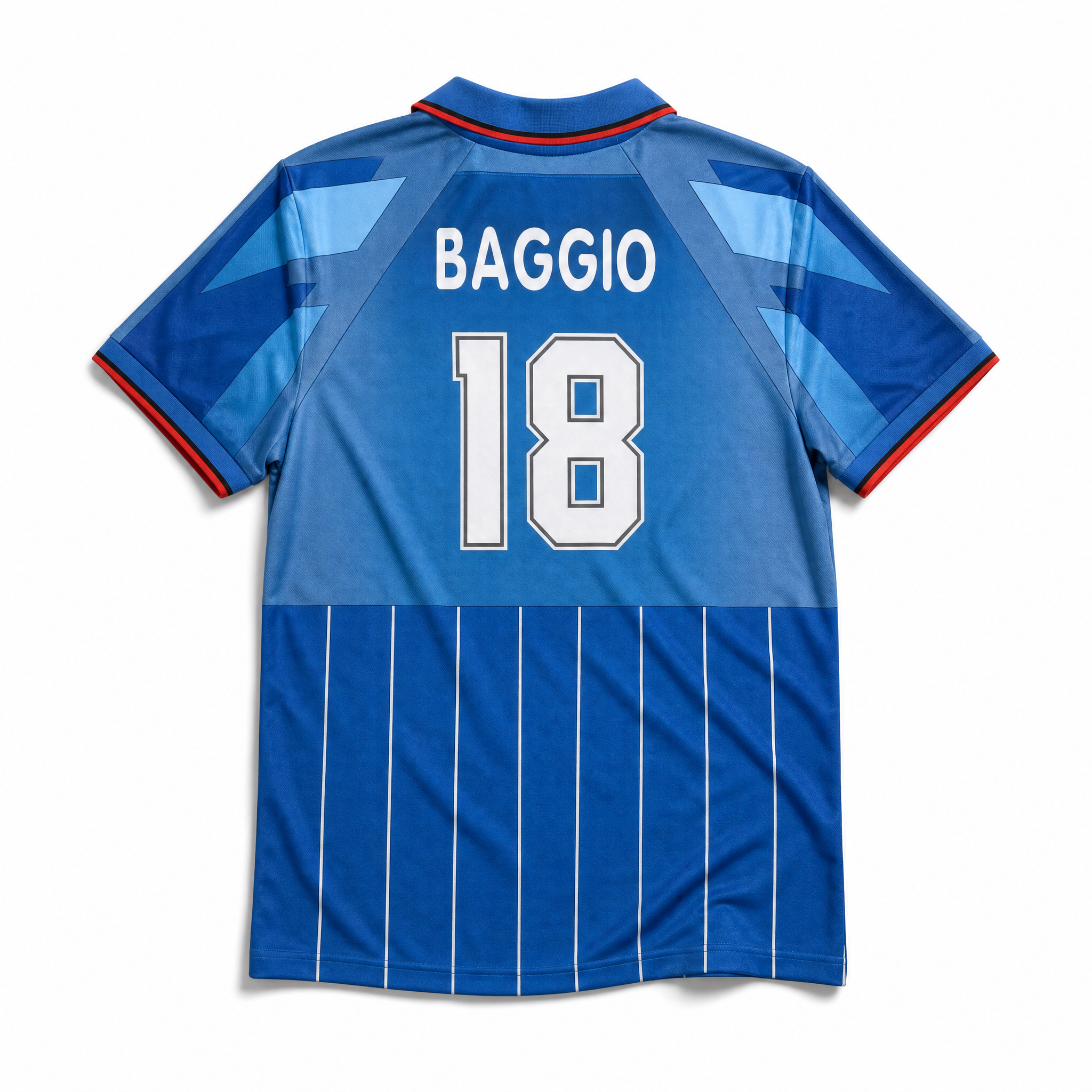 Retro maglia blu Milan 1995/96 numero 18 Baggio con dettagli bianchi e rossi.