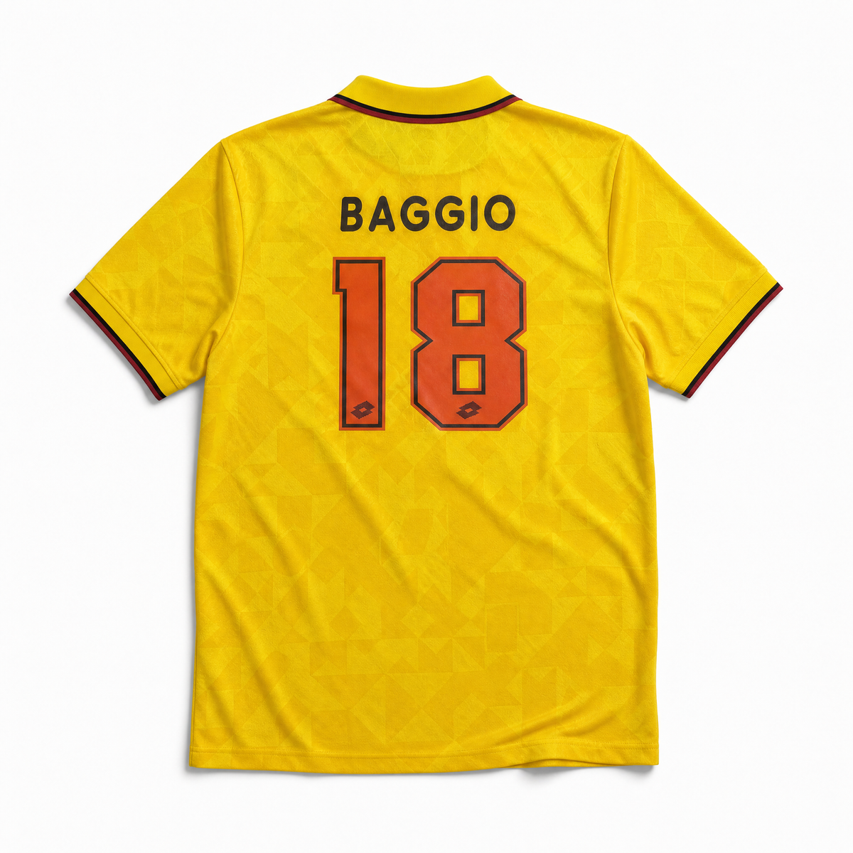 Retro maglia Milan Baggio 1995/96 numero 18 su sfondo giallo vintage.