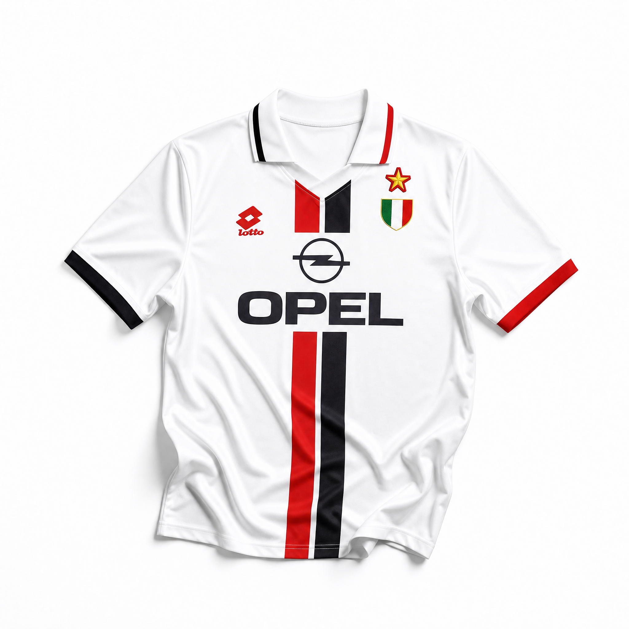 Fronte maglia away Milan 1996/97 bianca con banda centrale rossonera e patch Scudetto.