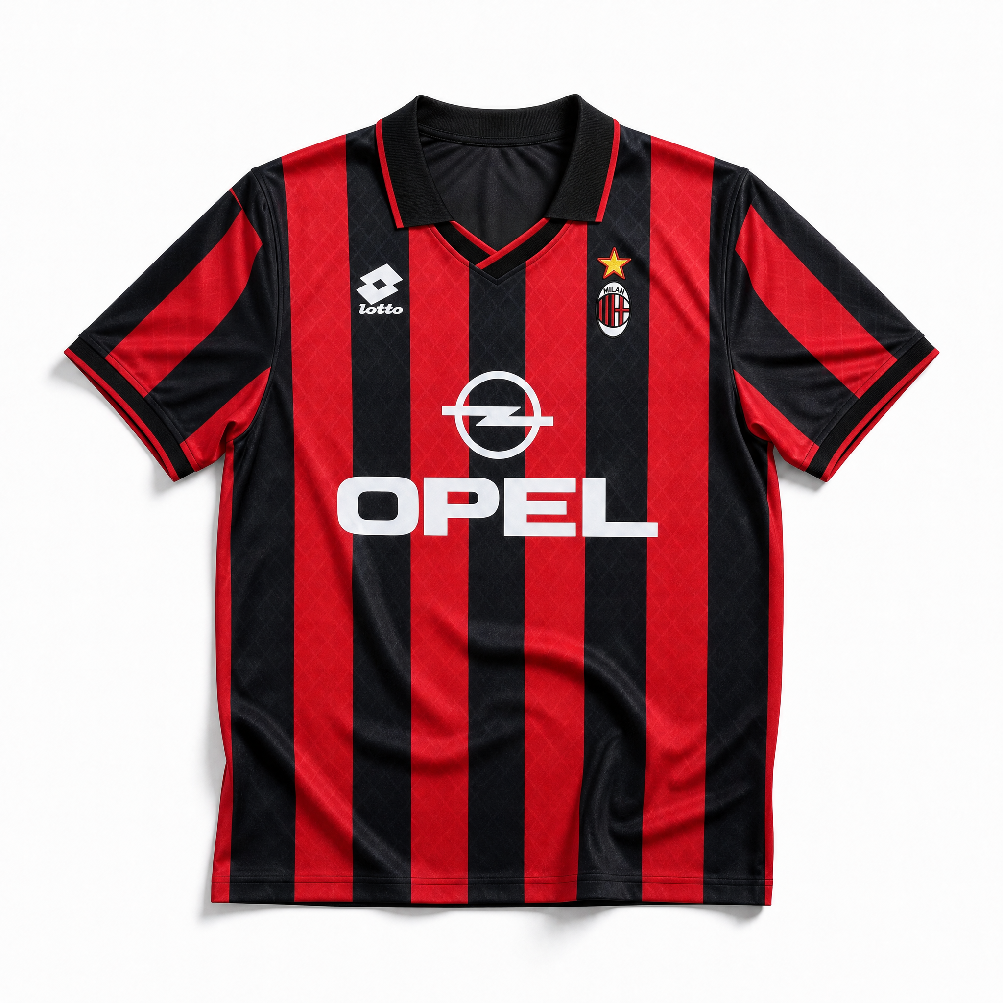 Fronte maglia rossonera Milan 1995/96 con strisce verticali e colletto a polo scuro.