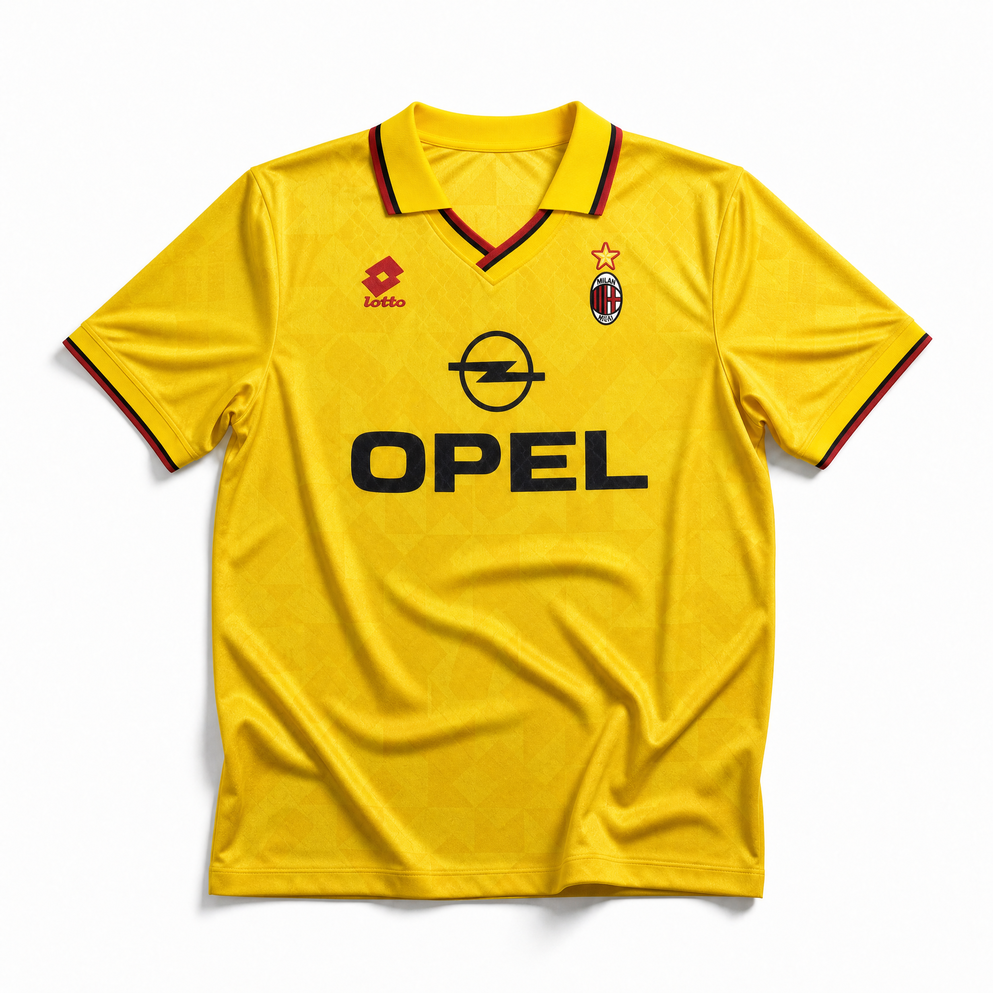 Fronte maglia gialla Milan 1995/96 con colletto a polo e dettagli rossi e neri.
