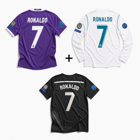 Maglia Cristiano Ronaldo CR7 Real Madrid Long Home 2018 + Maglia Cristiano Ronaldo CR7 Real Madrid Away 2017 + Maglia Cristiano Ronaldo CR7 Real Madrid Third 2015