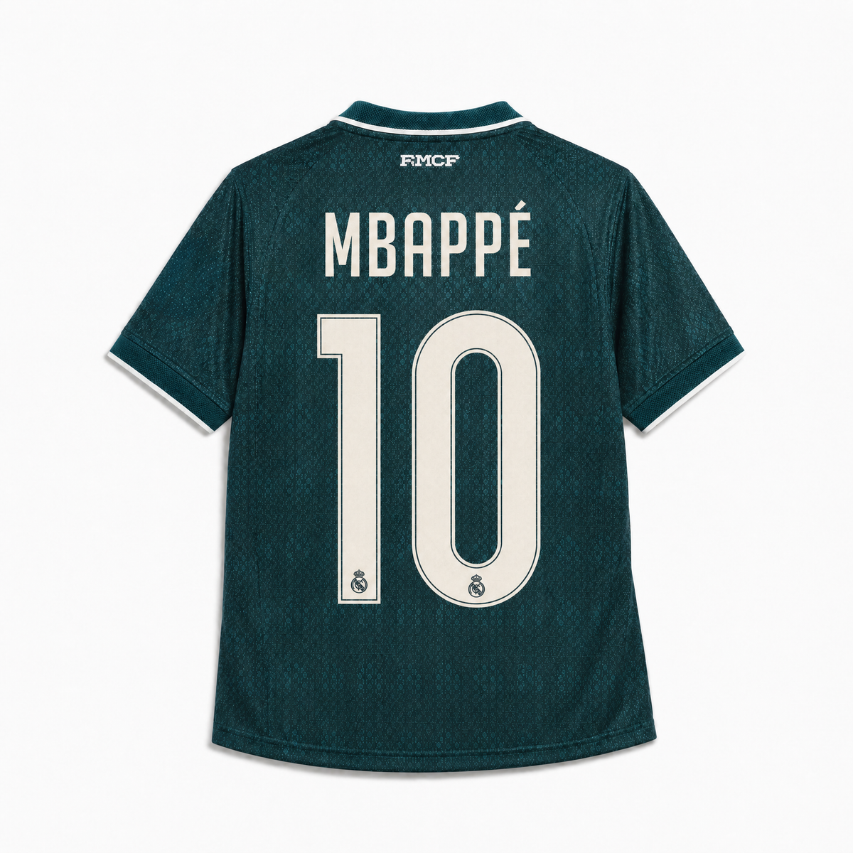 Maglia Mbappé Real Madrid Away 2026/27 retro verde scuro con nome MBAPPÉ e numero 10 color crema