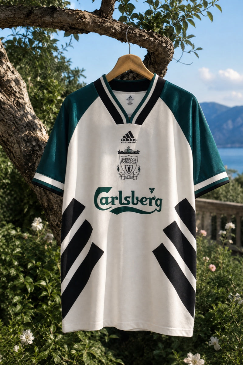 Liverpool away shirt 1993-95 with Carlsberg sponsor hanging from a tree