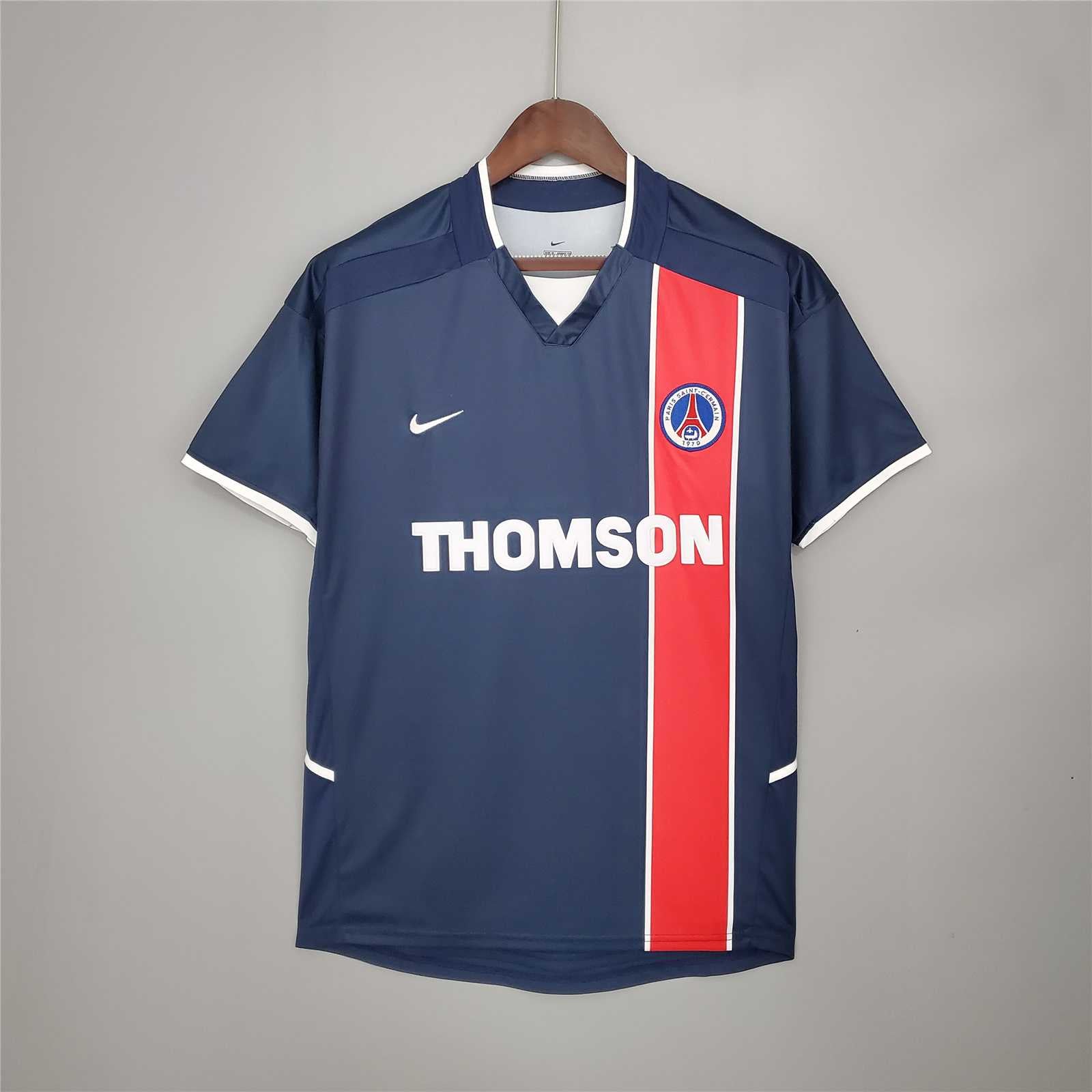Maglia PSG 2002/03 fronte blu con banda rossa e sponsor Thomson